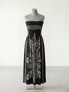 VENUS Black Strapless Smocked Maxi Dress with White Paisley Motif